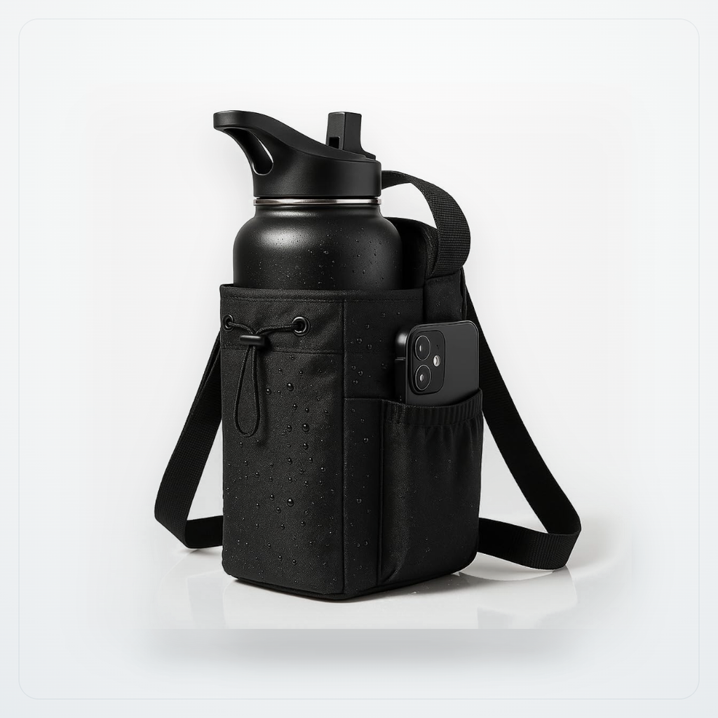 Magnetic gym water bottle bag with phone pocket, waterproof workout organizer, in black with adjustable strap and sleek design.