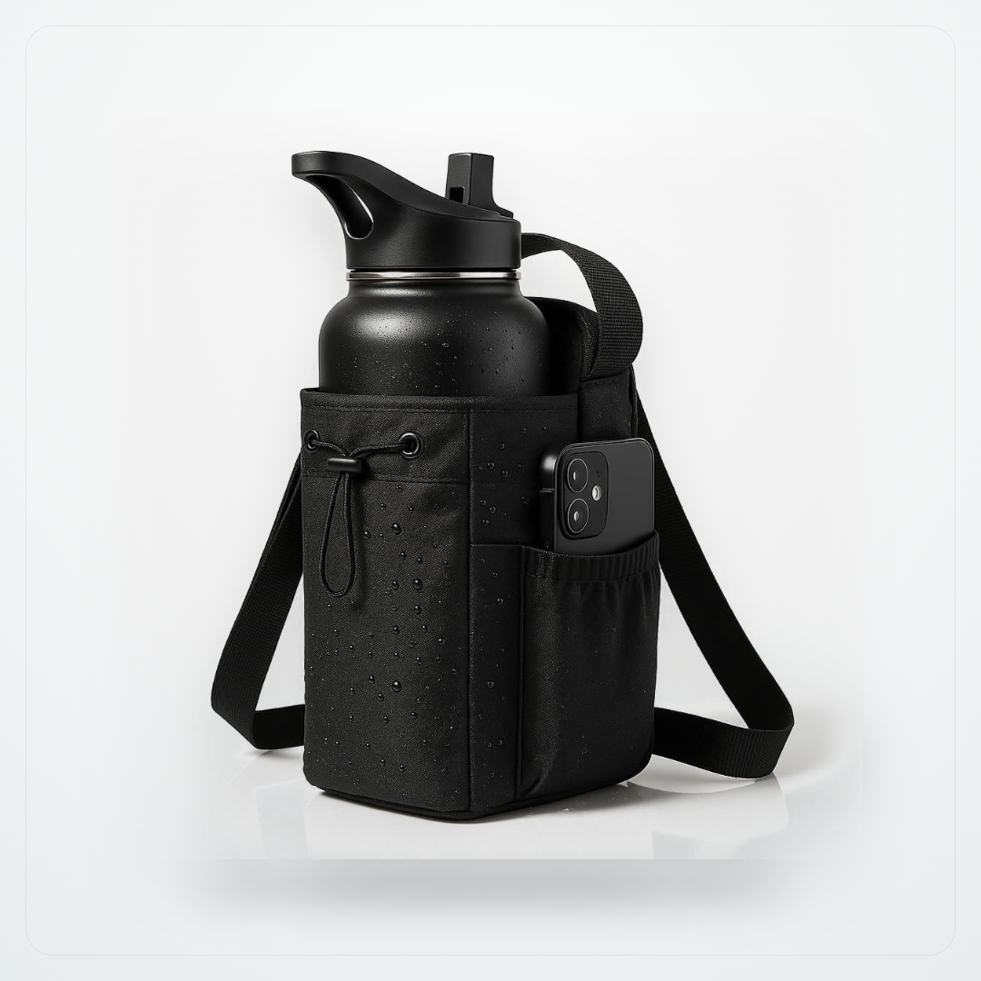Magnetic gym water bottle bag with phone pocket, waterproof workout organizer, in black with adjustable strap and sleek design.
