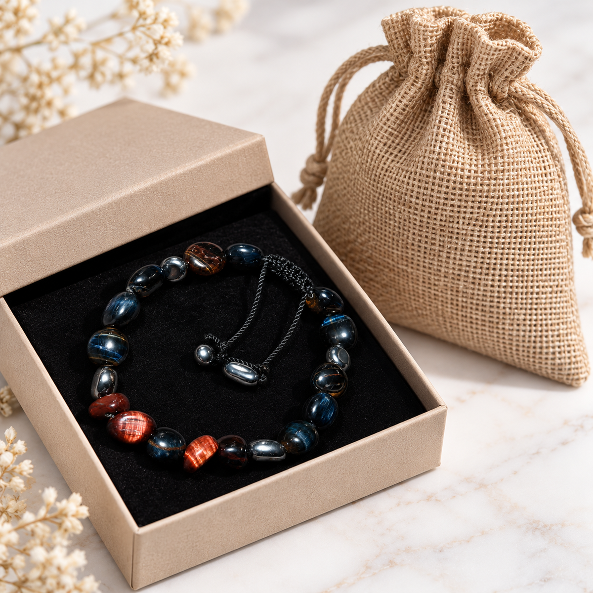 7agat Hawk's Eye and Brown Tiger Eye bracelet photographed with text listing jewelry box and burlap bag inclusions.