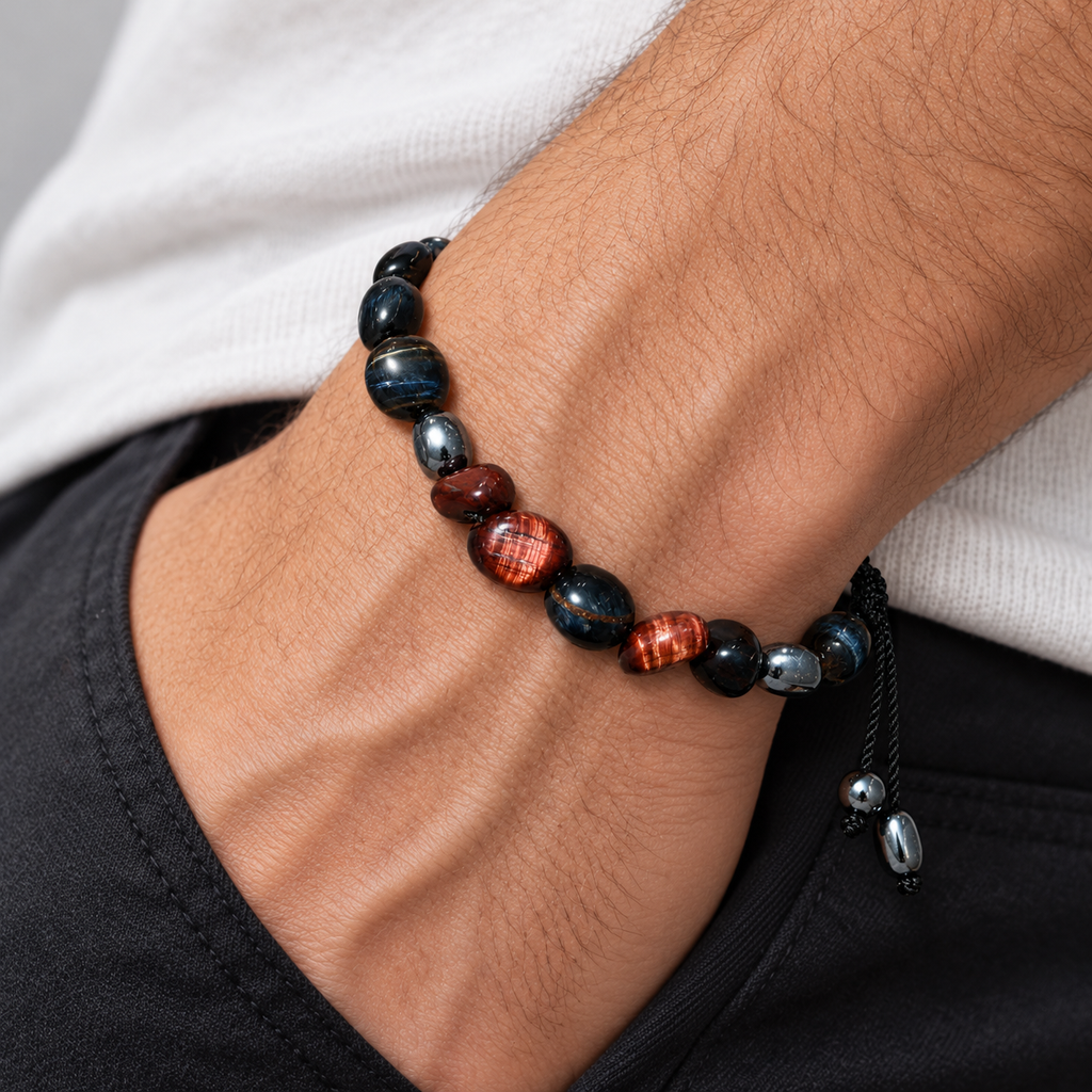 7agat illustrative men's wrist styling of a Hawk's Eye and Brown Tiger Eye gemstone bracelet