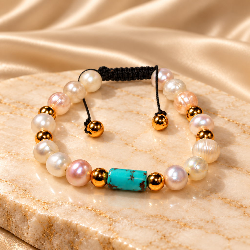 White Cultured Pearl Bracelet with Natural Sinai Turquoise & Gold-Tone Hematite – 18 cm