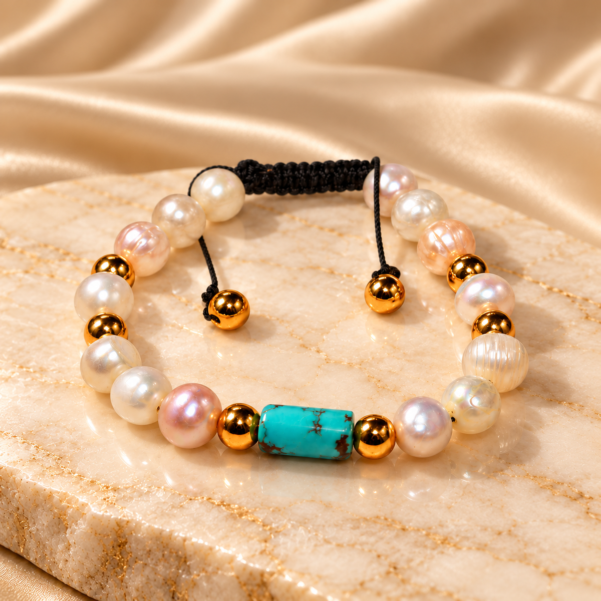 White Cultured Pearl Bracelet with Natural Sinai Turquoise & Gold-Tone Hematite – 18 cm