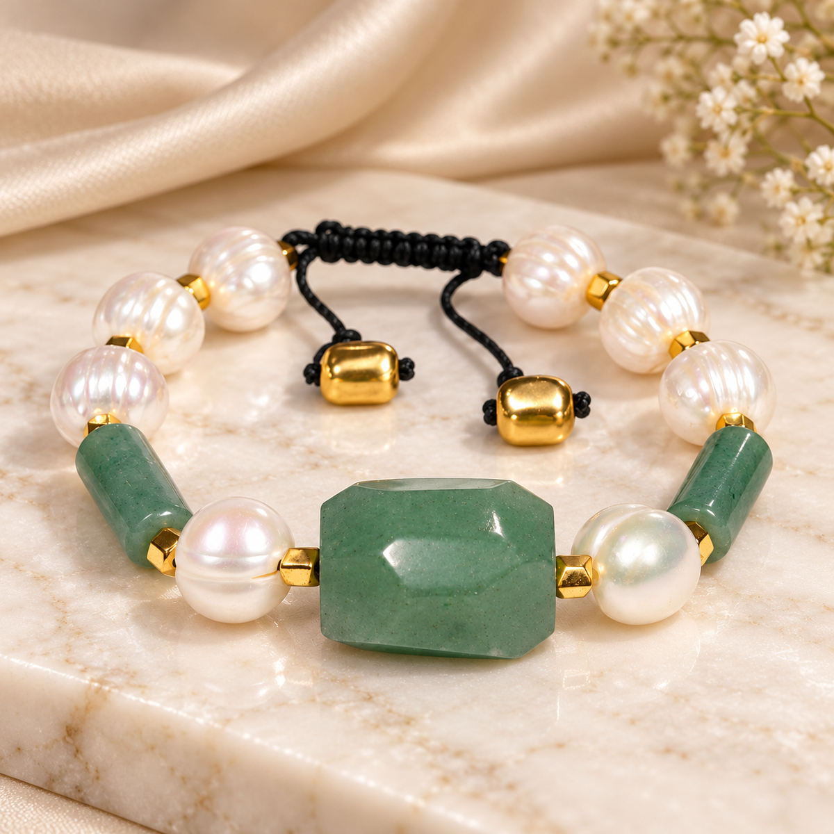 Natural Green Jade & White Cultured Pearl Bracelet with Gold-Tone Hematite – 18 cm