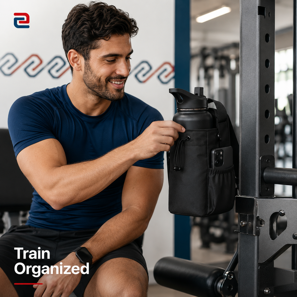 Black magnetic gym water bottle bag with phone pocket, adjustable strap, water-resistant material, and multiple organization compartments.