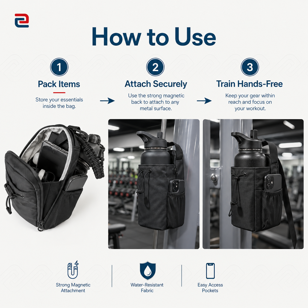 Black magnetic gym water bottle bag with phone pocket, adjustable strap, water-resistant material, and multiple organization compartments.