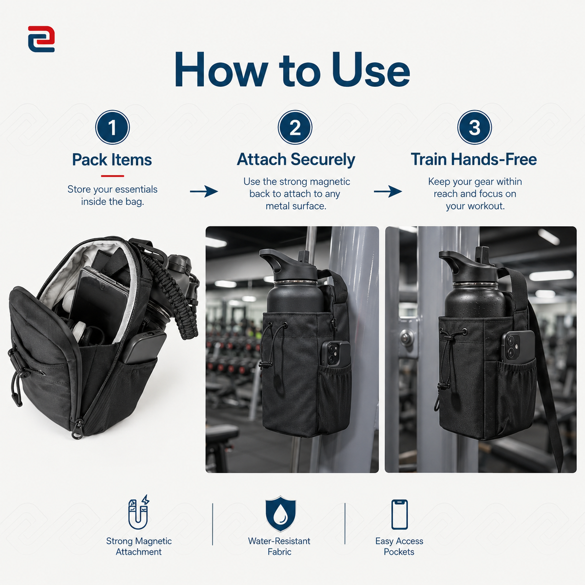 Black magnetic gym water bottle bag with phone pocket, adjustable strap, water-resistant material, and multiple organization compartments.