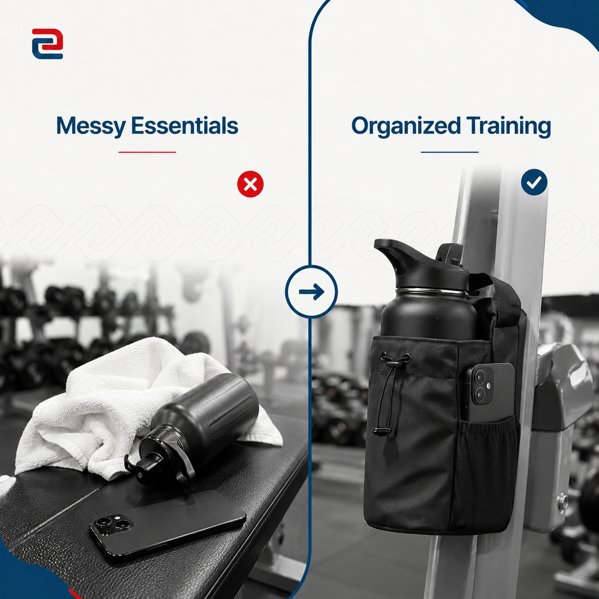 Black magnetic gym water bottle bag with phone pocket, adjustable strap, water-resistant material, and multiple organizational pockets.