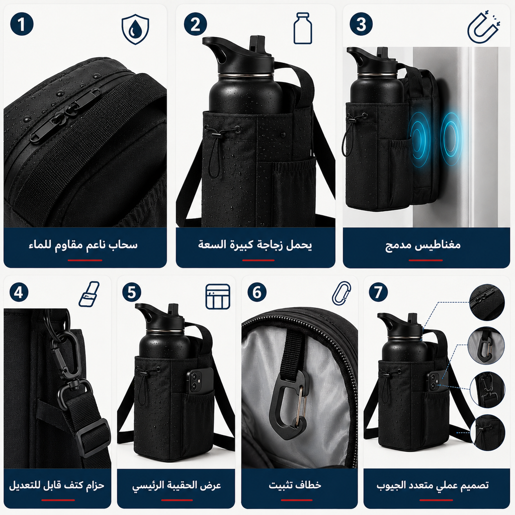 Black magnetic gym water bottle bag with phone pocket, adjustable strap, water-resistant material, and multi-pocket organization.