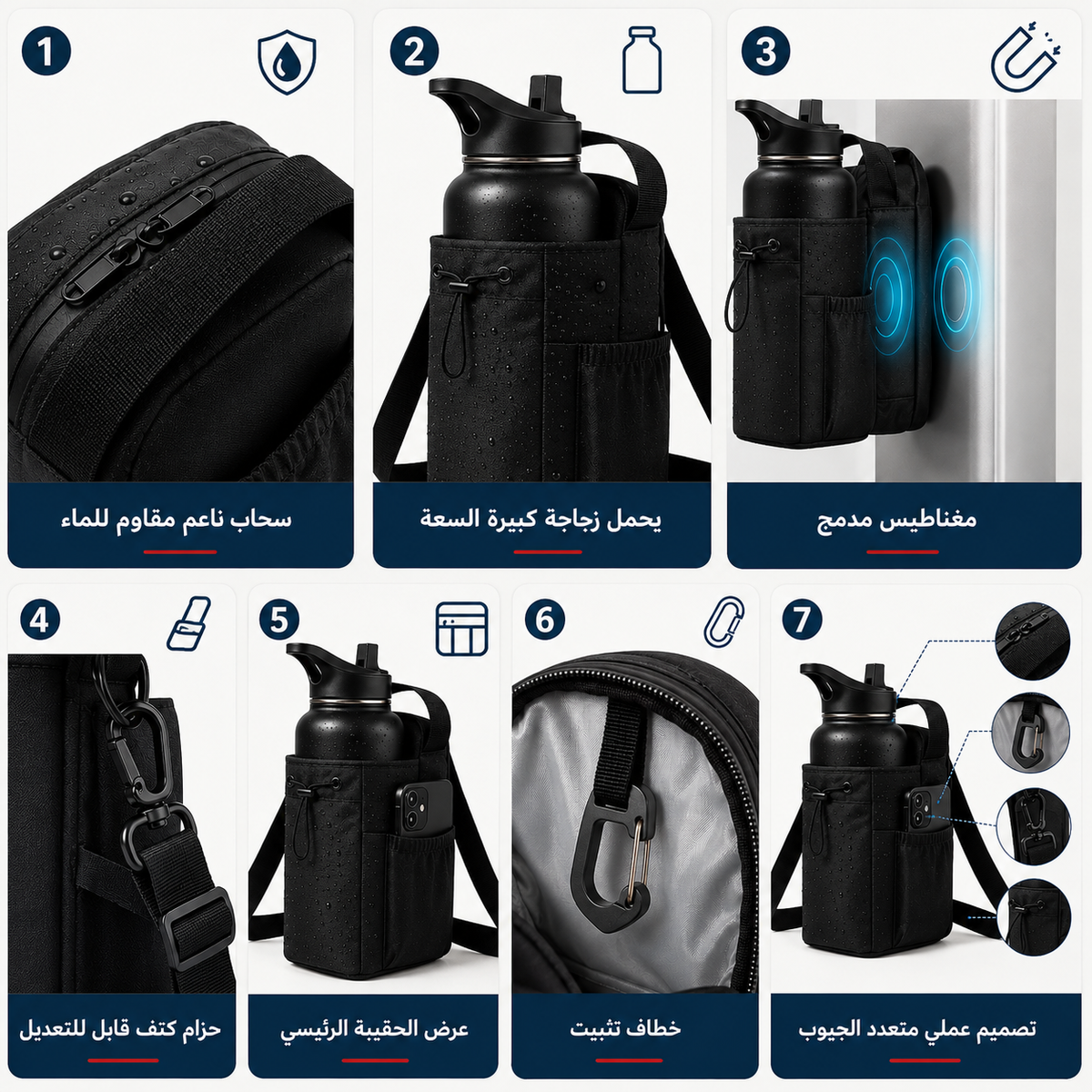 Black magnetic gym water bottle bag with phone pocket, adjustable strap, water-resistant material, and multi-pocket organization.