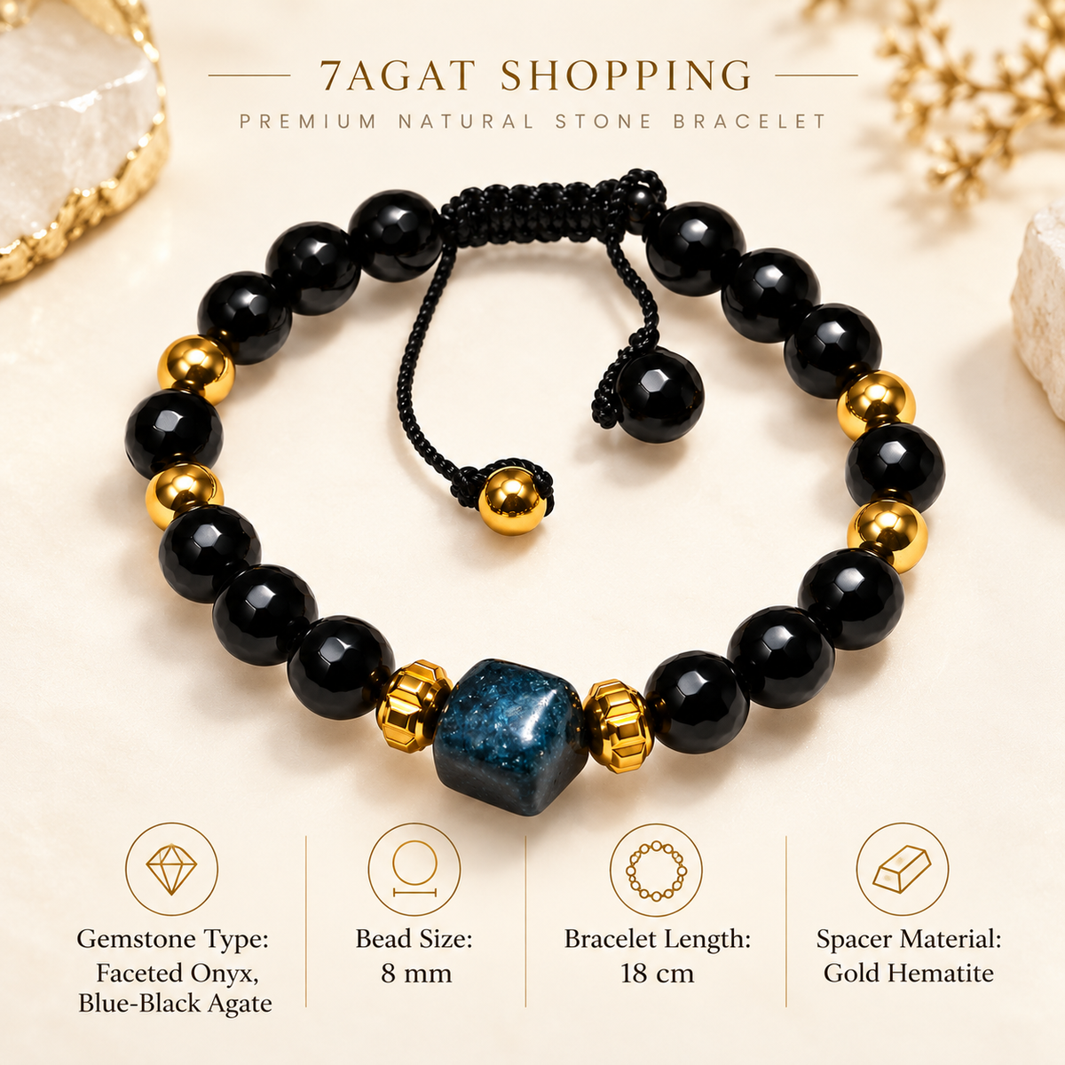 7agat 18cm faceted Onyx bracelet with blue-black Agate.