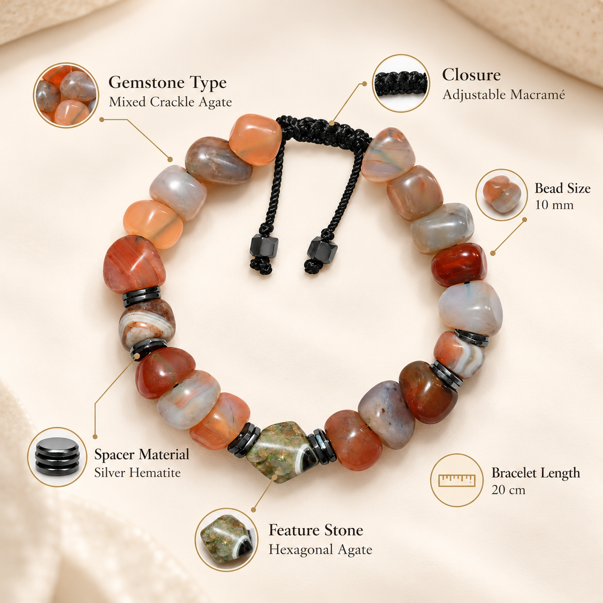 7agat gemstone bracelet specifications image featuring mixed crackle agate hexagonal agate and silver hematite.