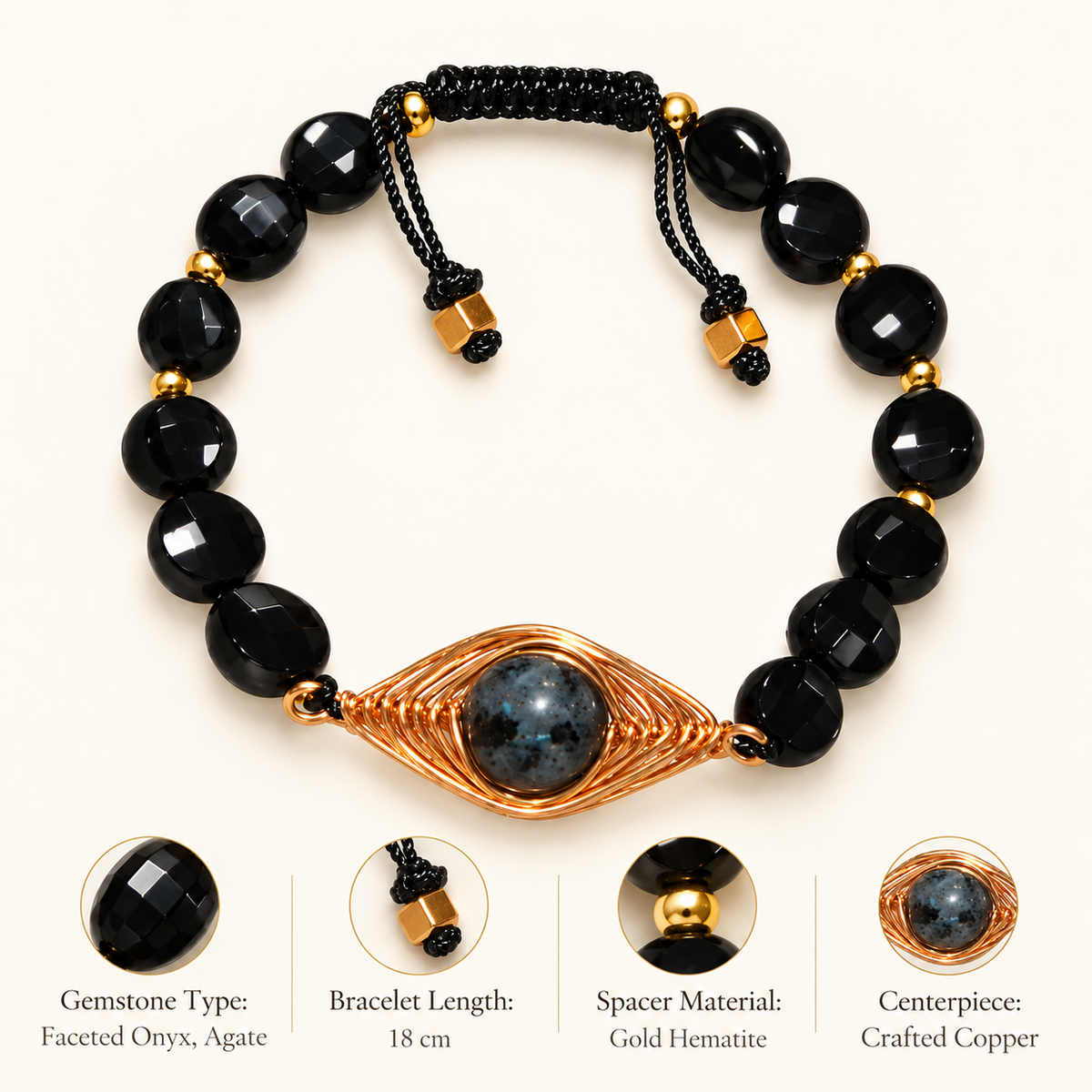 7agat faceted Onyx bracelet material details with gold Hematite, Agate and crafted copper.