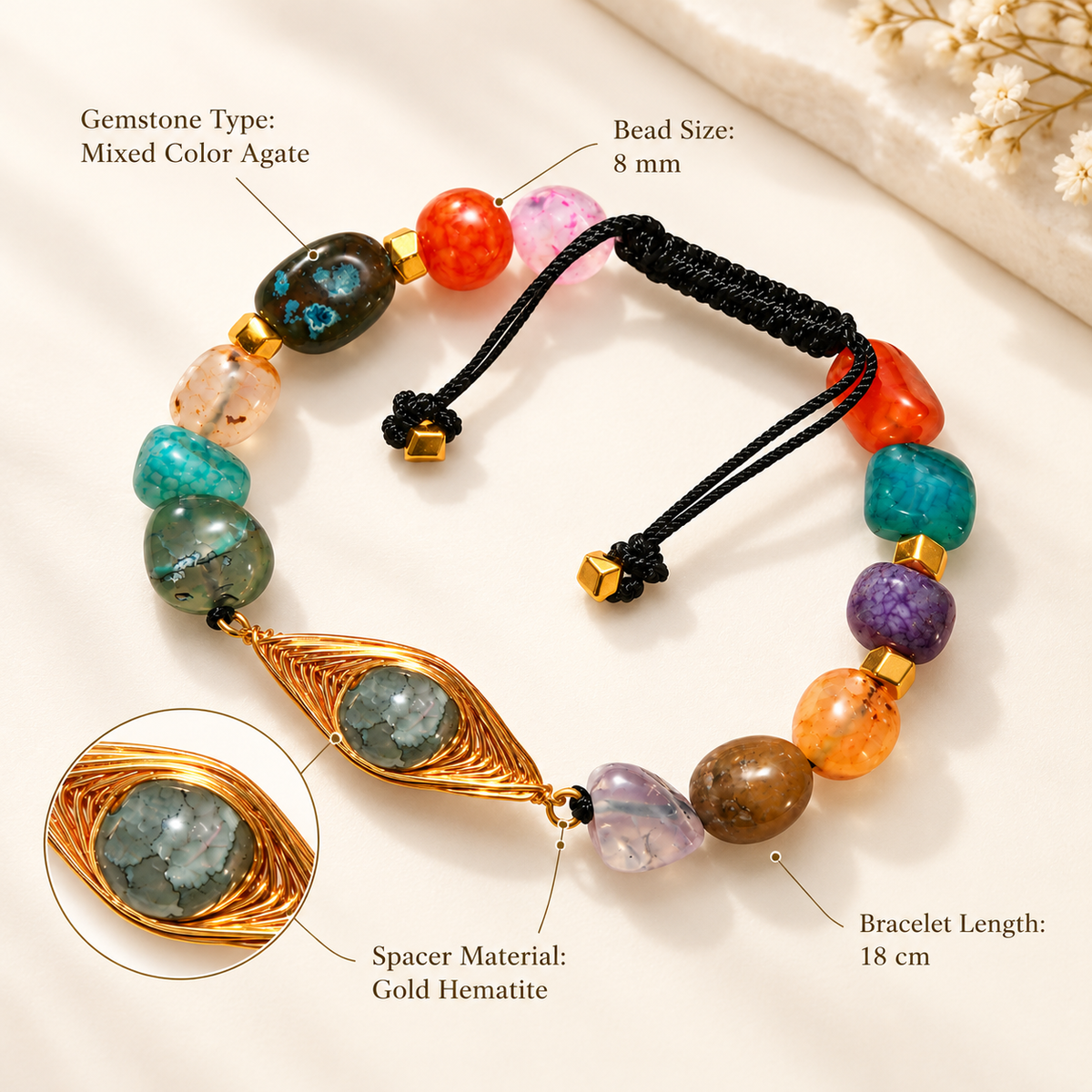 7agat mixed color Agate 8mm bracelet showing worked copper centerpiece and Gold Hematite details.