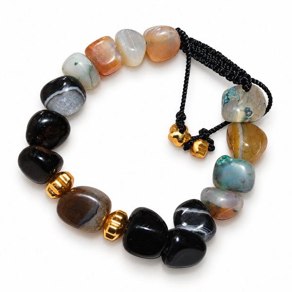 7agat Mixed Color and Black Agate 10mm bracelet with Gold Hematite spacers.