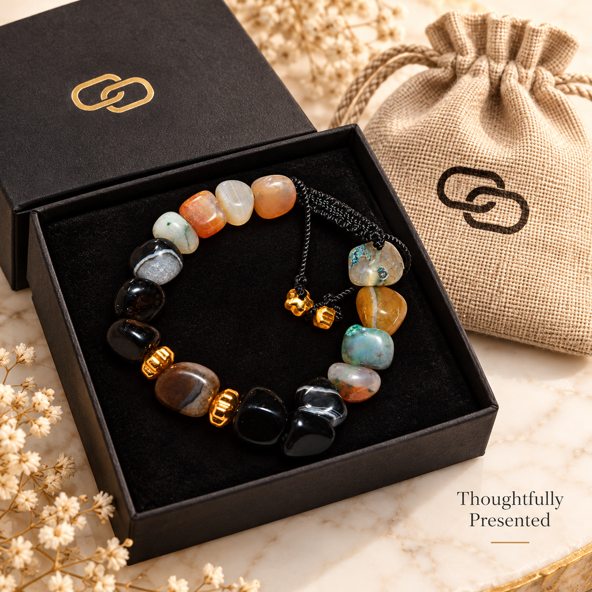 7agat Mixed Color and Black Agate bracelet with Gold Hematite presented with jewelry box and burlap pouch.