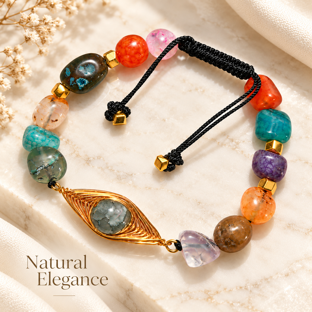 7agat multicolor Agate bracelet with worked copper and Gold Hematite.