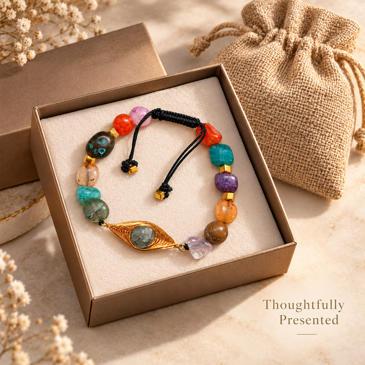 7agat multicolor Agate bracelet with worked copper and Gold Hematite presented with jewelry box and burlap pouch.