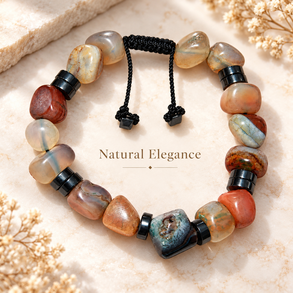 7agat Mixed Color Agate and Hexagonal Agate bracelet with Fumé Hematite.