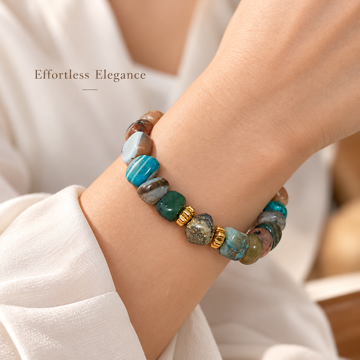 7agat Mixed Color Agate bracelet with Hexagonal Agate and Gold Hematite worn on a woman's wrist.