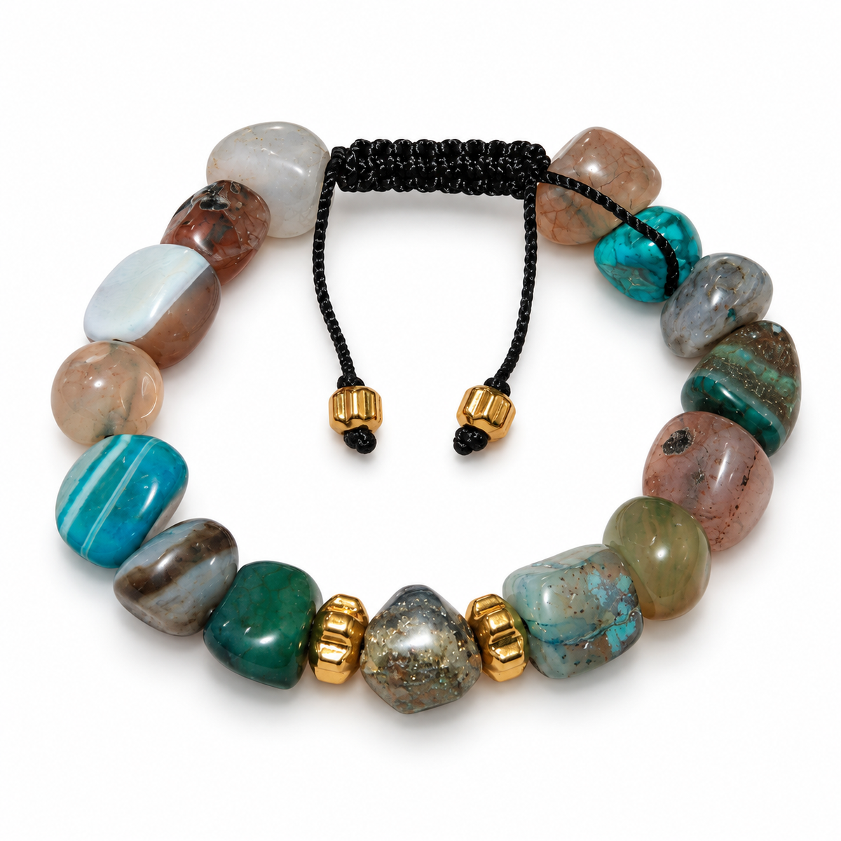 7agat Mixed Color Agate 10mm chip bracelet with Hexagonal Agate centerpiece and Gold Hematite spacers.