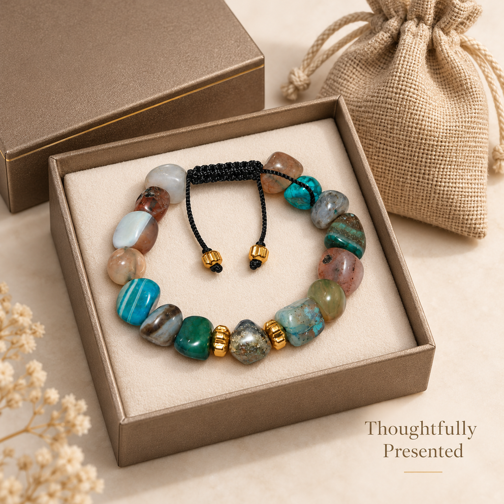 7agat Mixed Color Agate and Hexagonal Agate bracelet with Gold Hematite presented with jewelry box and burlap pouch.