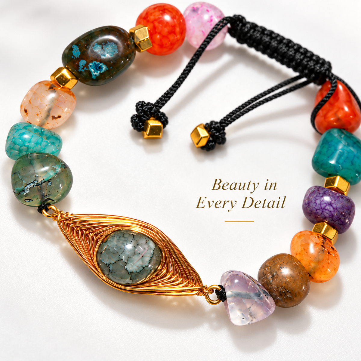 7agat close-up of mixed color Agate stones and patterned Agate centerpiece in worked copper.