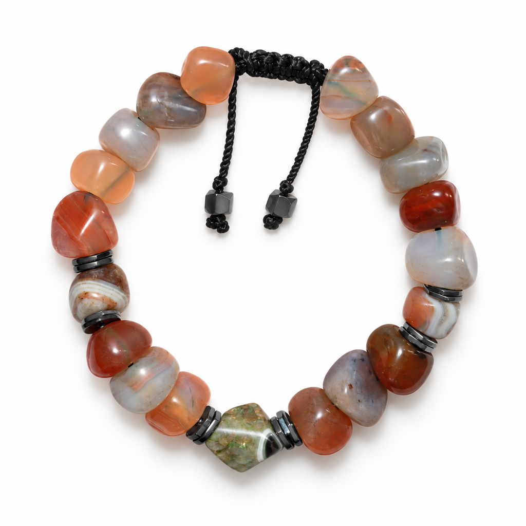 7agat mixed crackle agate 10 mm bracelet with hexagonal agate and silver hematite spacers.