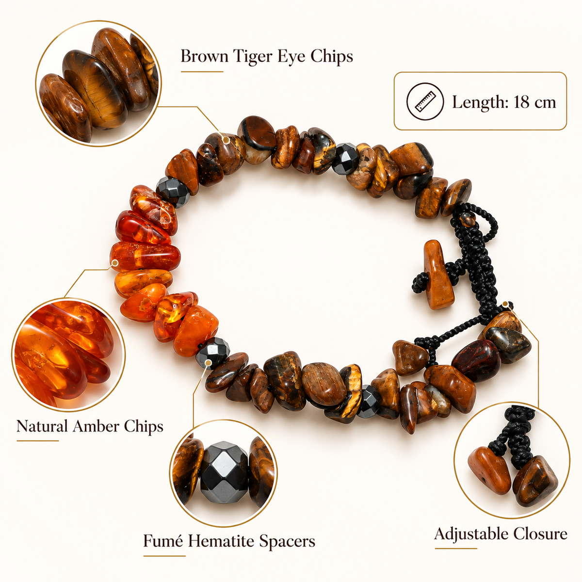 7agat Brown Tiger Eye and amber bracelet materials illustration showing Fumé Hematite spacers and 18 cm length.
