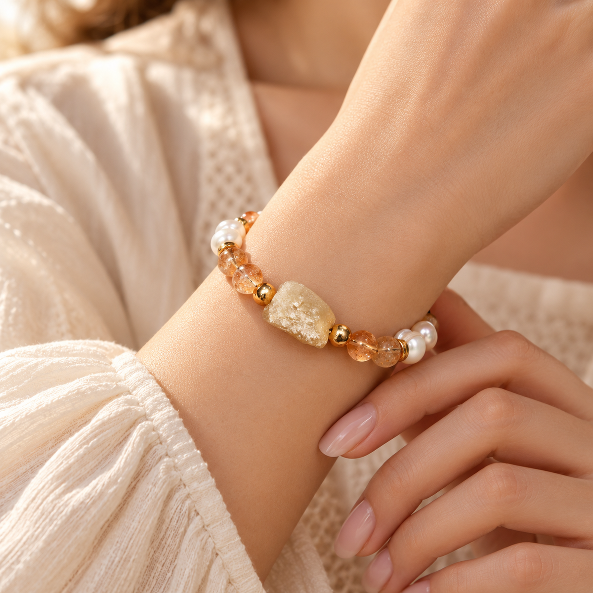 7AGAT white cultured pearl and natural citrine bracelet with golden gemstone beads and a rough citrine centerpiece shown on a wrist.