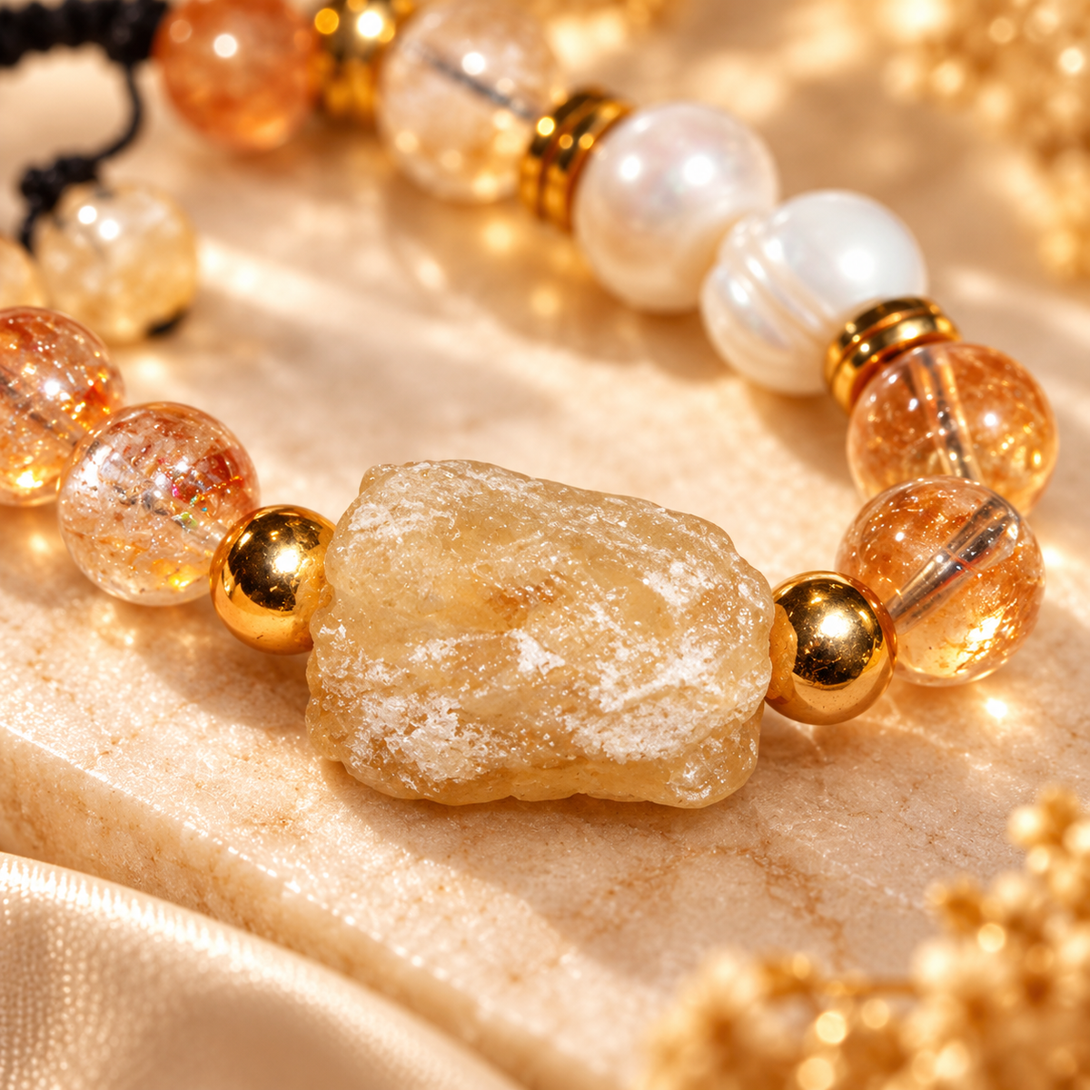 7AGAT natural citrine bracelet close-up featuring an irregular pale-yellow citrine center stone, polished golden hematite and translucent beads.