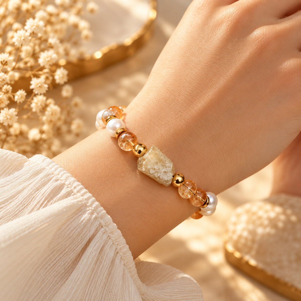 7AGAT natural citrine and white cultured pearl bracelet with a rough golden citrine centerpiece and gold-tone hematite spacers worn on a wrist.