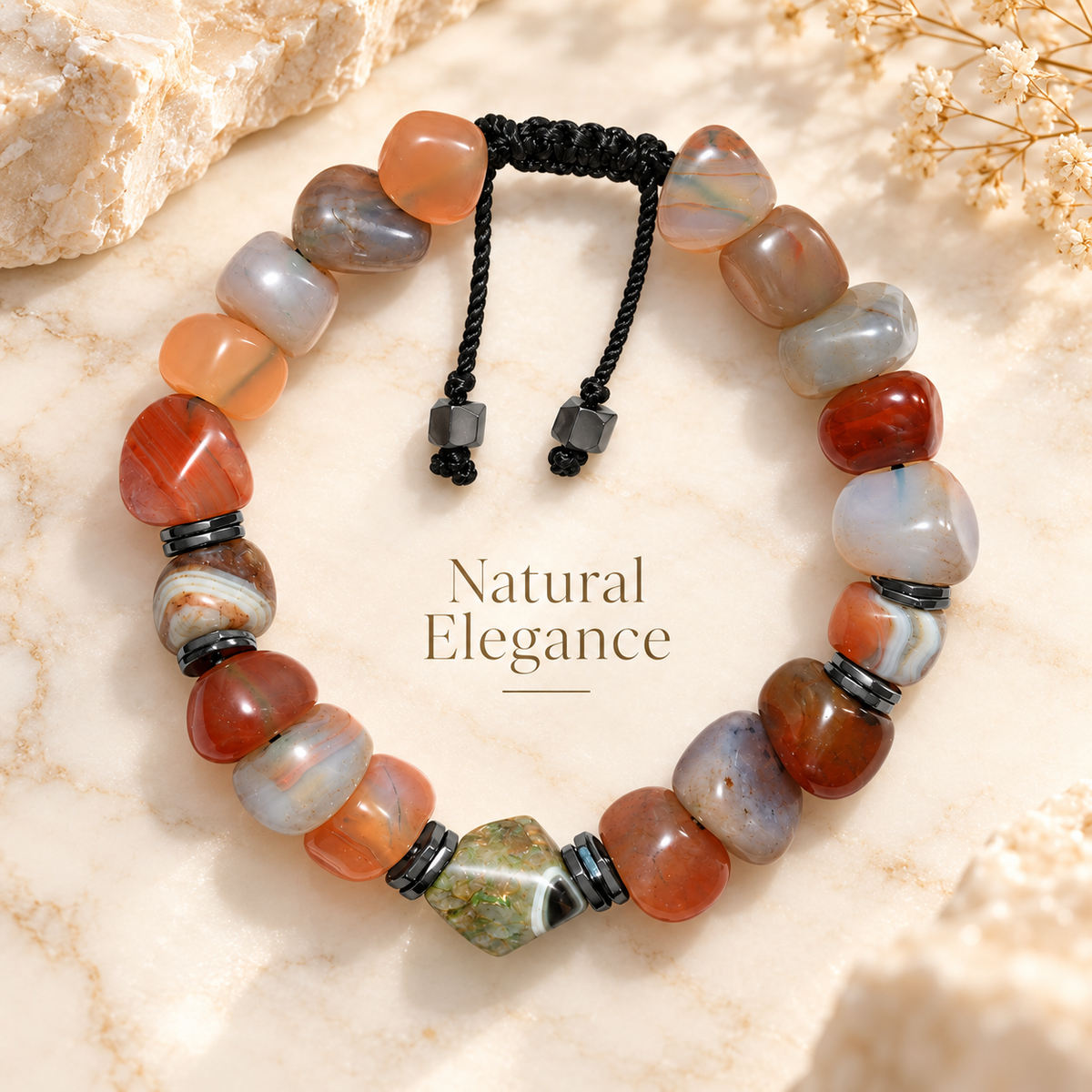 7agat mixed crackle agate bracelet with hexagonal agate.