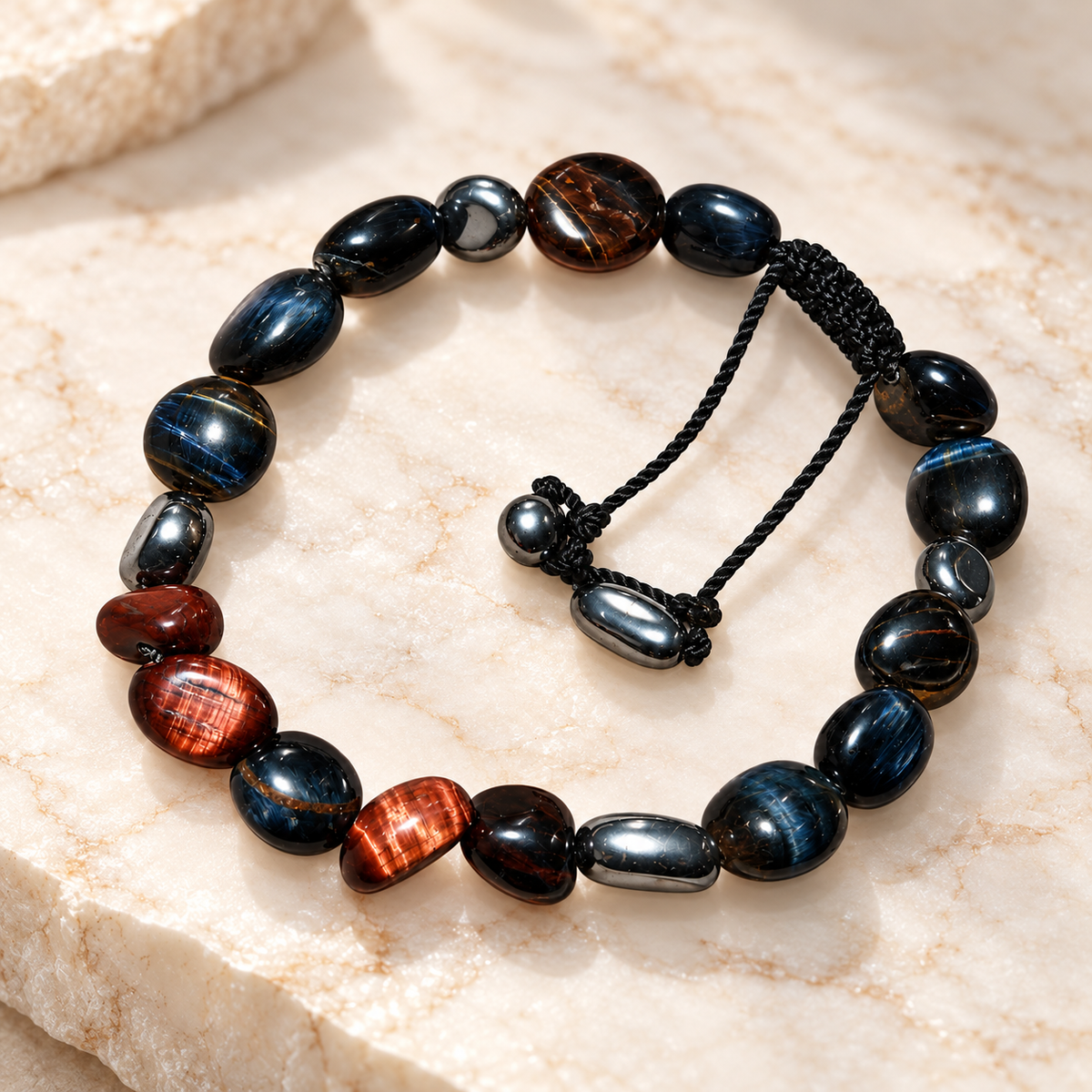 7agat dark Hawk's Eye and reddish Brown Tiger Eye irregular bead bracelet.