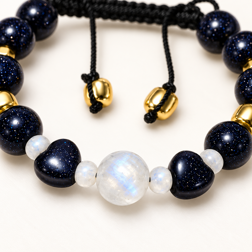 7agat macro details of navy sparkling round beads heart-shaped beads and white Moonstone accents.
