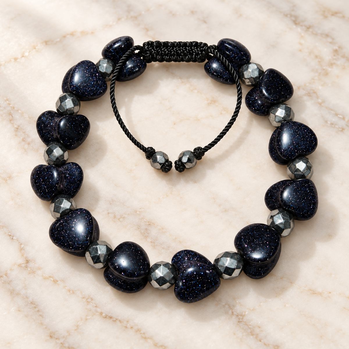 7agat Navy Star Agate heart bead bracelet with Silver Hematite.