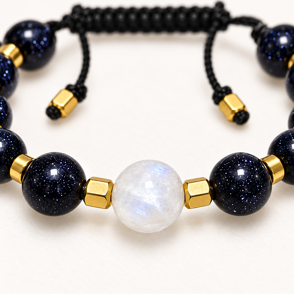 7agat macro of sparkling navy round beads White Labradorite and polished Gold Hematite details.