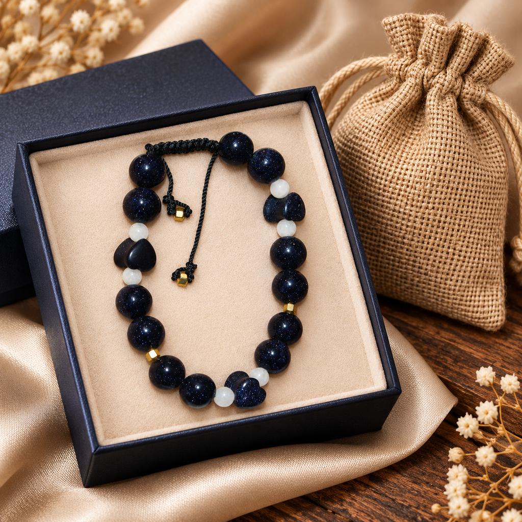 7agat Navy Star Agate and White Labradorite heart bracelet with jewelry box and burlap pouch.