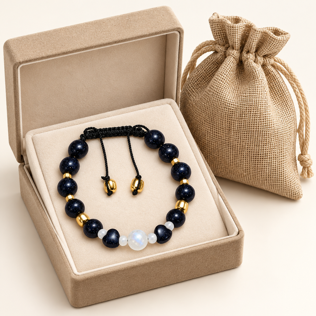 7agat Navy Star Agate and White Labradorite bracelet presented beside a jewelry box and burlap pouch.