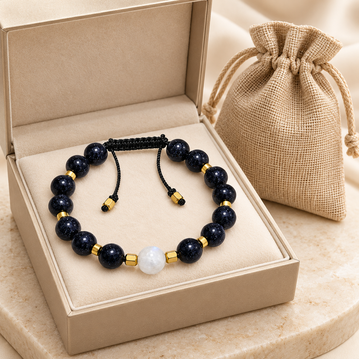 7agat Navy Star Agate and White Labradorite bracelet with jewelry box and burlap pouch.