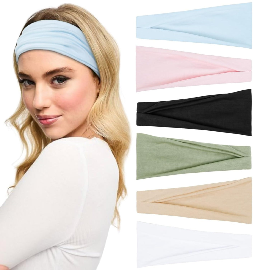 Blonde woman ترتدي soft blue twist headband بجانب collection من stretchy fabric headbands بألوان pastel و neutral، مع عرض clean على خلفية بيضاء مناسب لمنتجات fashion accessories و everyday hair styling.

