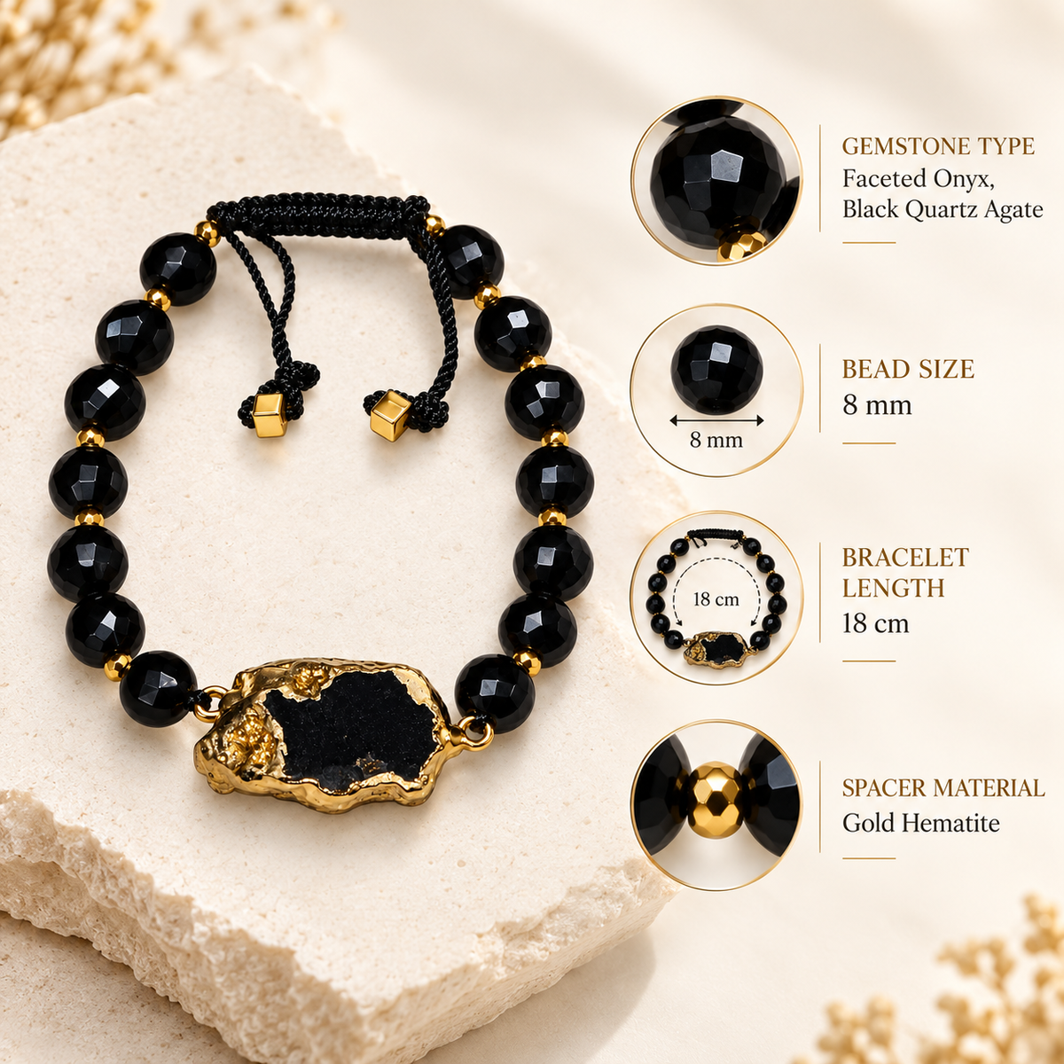 7agat onyx bracelet product details card with gemstone and size information.