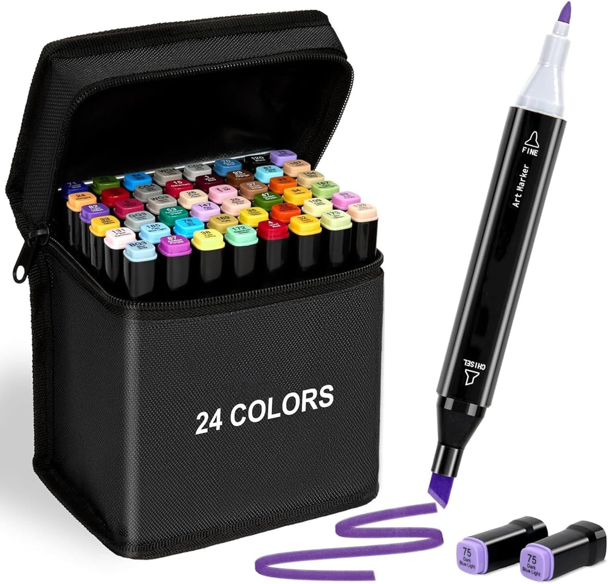 Open black carrying case with 24 multicolor 7AGAT art markers featuring brush and chisel tips for vibrant drawing and coloring.