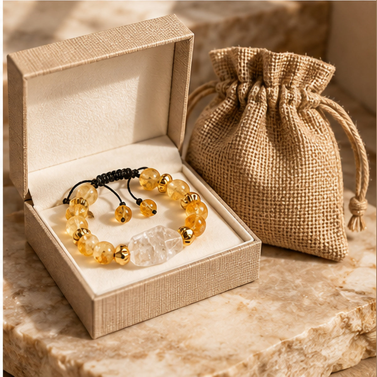 7agat citrine and clear quartz bracelet with illustrative jewelry box and burlap bag presentation