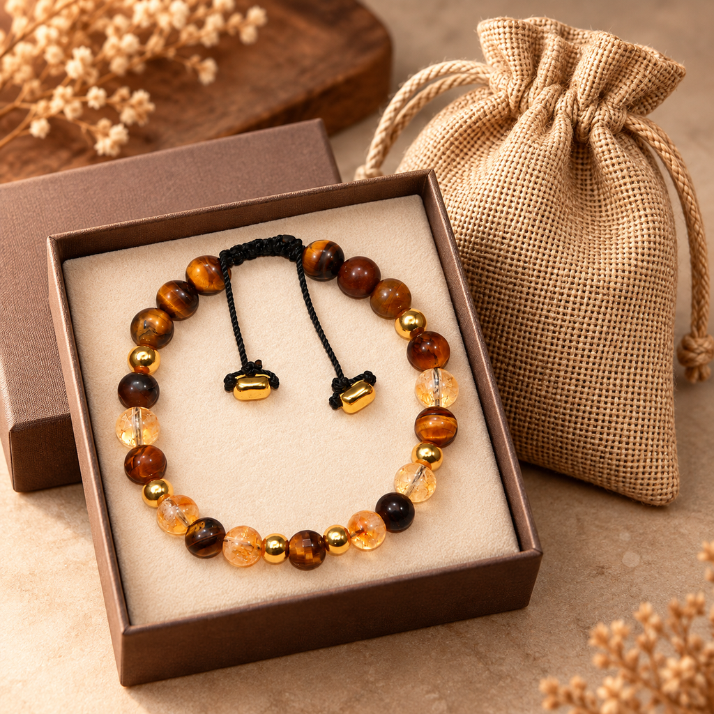 7agat Citrine and Brown Tiger Eye bracelet shown with illustrative jewelry box and burlap bag packaging