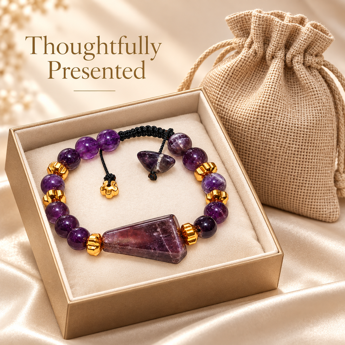 1. 7agat amethyst bracelet presented in jewelry box with burlap bag packaging.