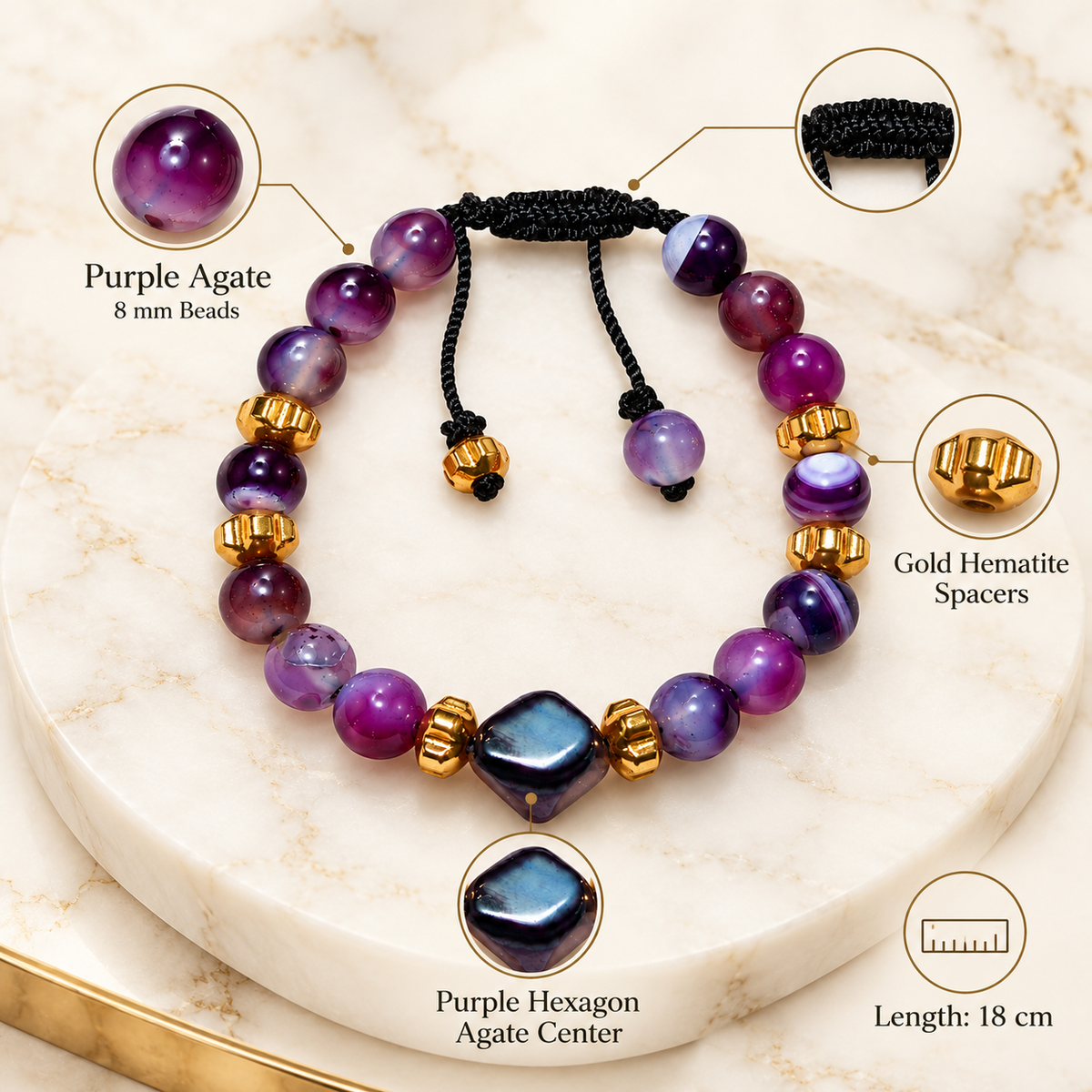 7agat Purple Agate 8mm bracelet showing Hexagonal Agate centerpiece Gold Hematite and 18cm size specifications.
