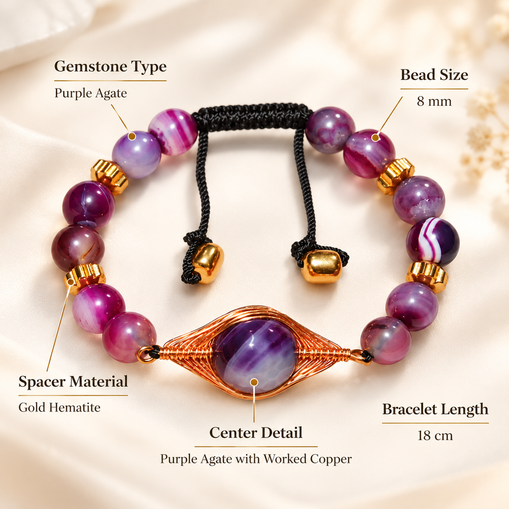 7agat purple agate bracelet product details showing 8mm beads and gold hematite.