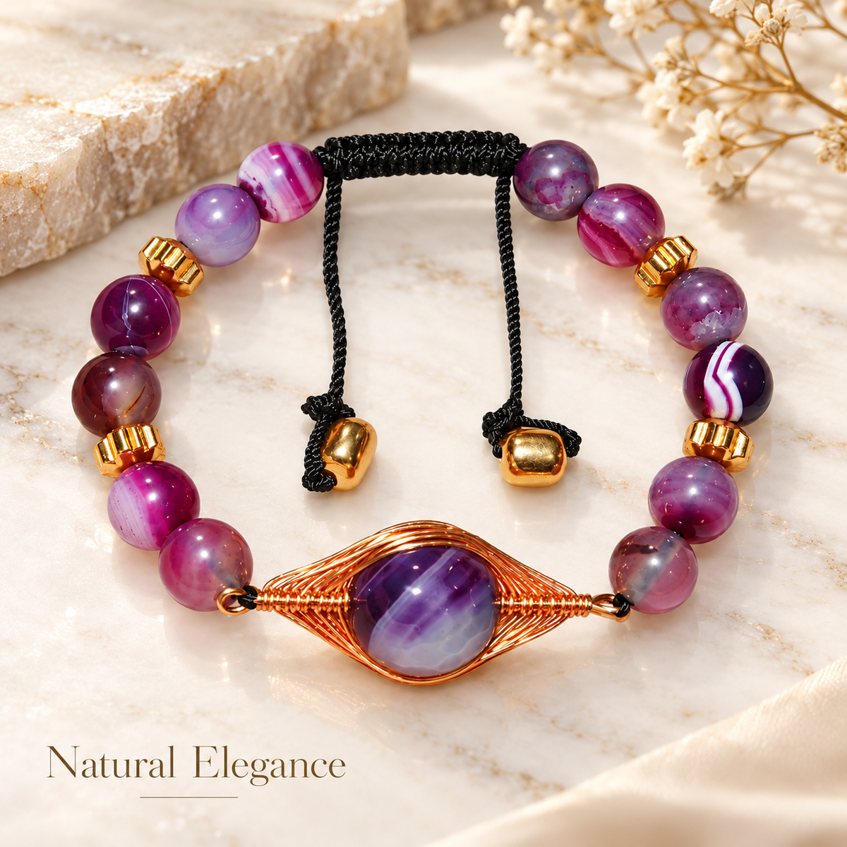7agat purple agate and gold hematite bracelet.