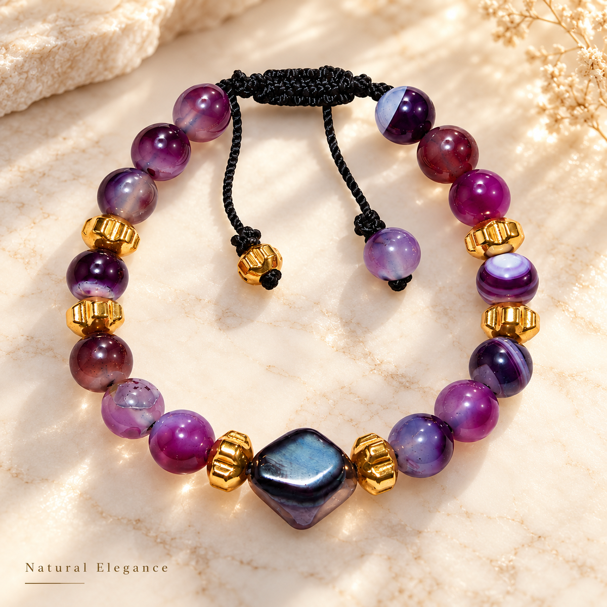 7agat Purple Agate and Hexagonal Agate bracelet with Gold Hematite.