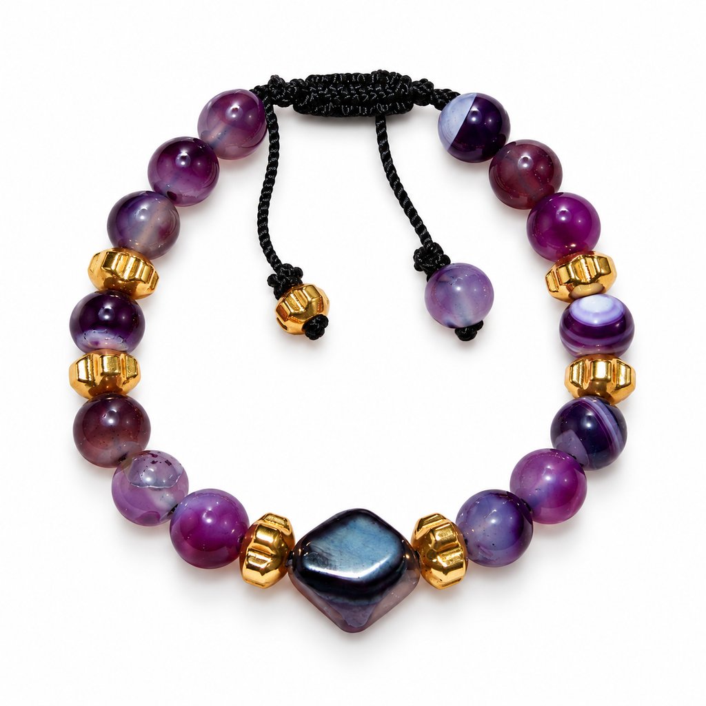 7agat Purple Agate 8mm bracelet with Hexagonal Purple Agate centerpiece and Gold Hematite spacers.